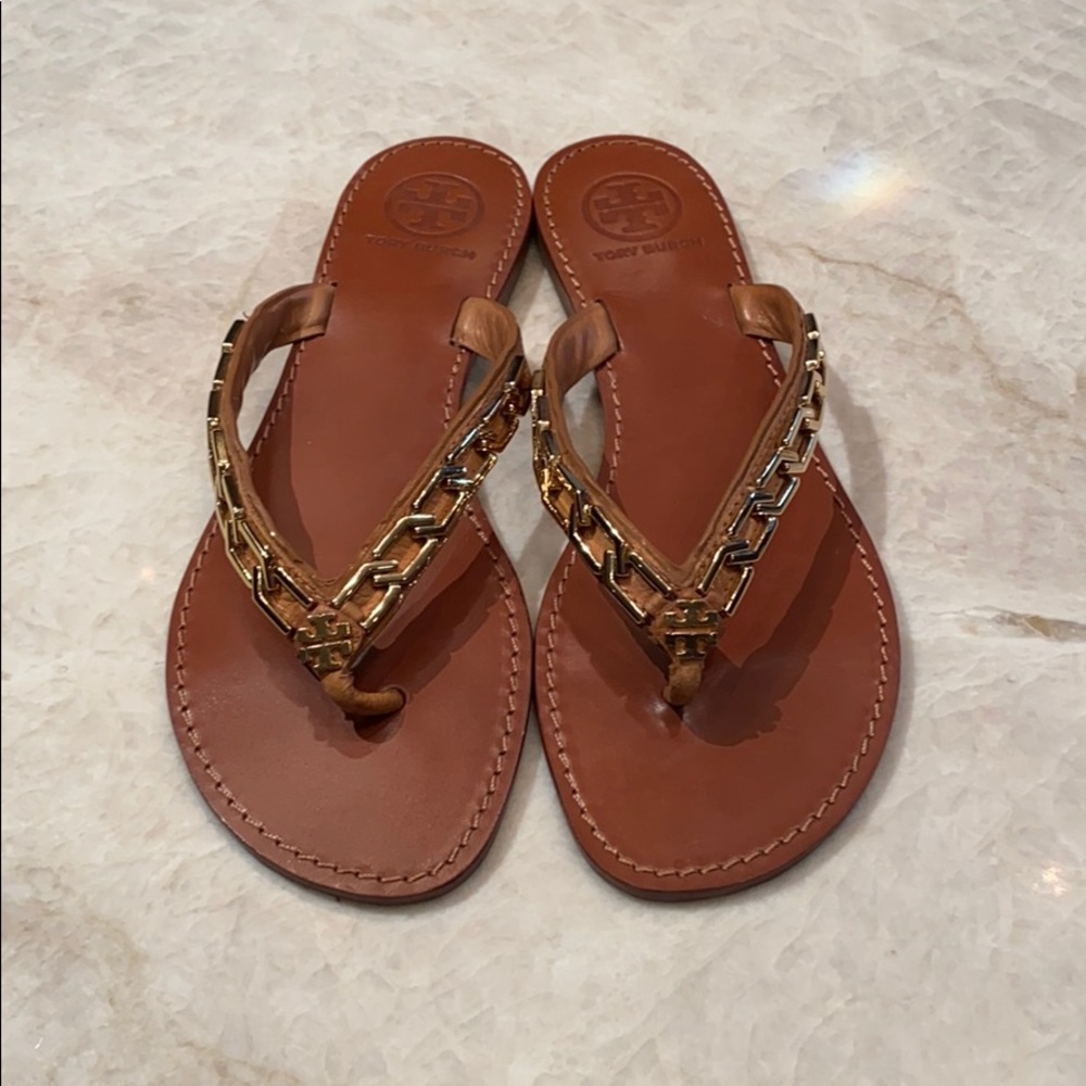 Tory Burch tan leather gold logo chain sandal